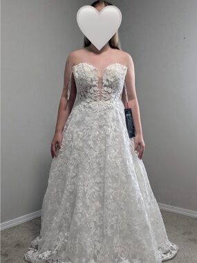 Strapless White Lace Wedding Dress with Illusion Plunge Bodice